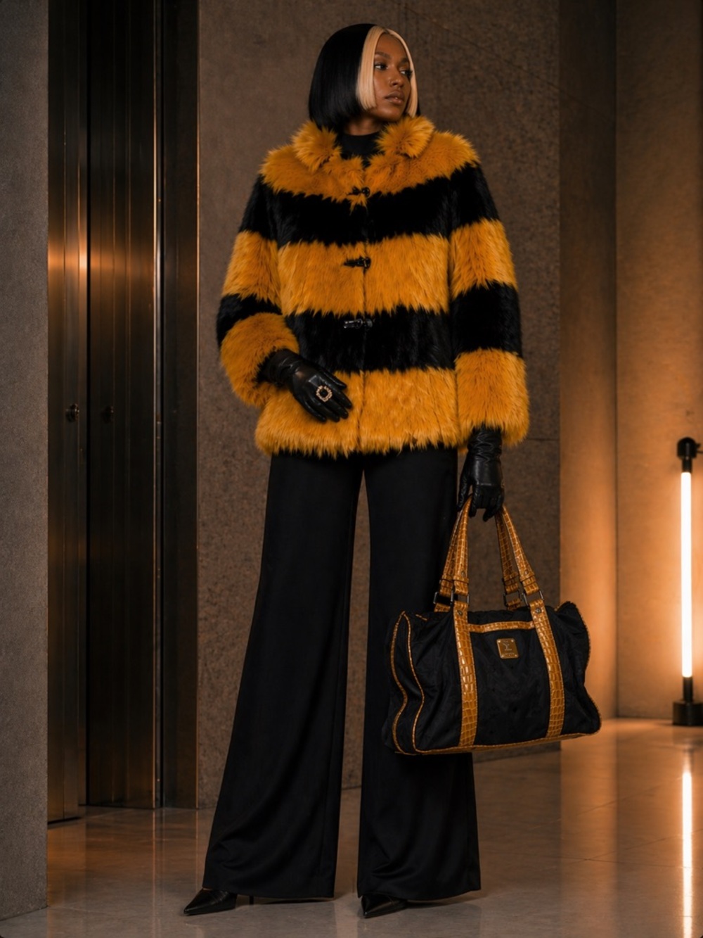 Fabulous yellow & black striped fox fur + Persian lamb jacket